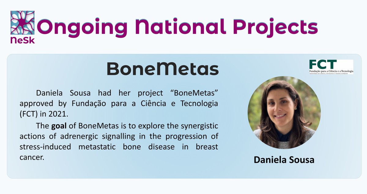 nesk_group's tweet photo. It’s a pleasure to introduce you to the national projects where NeSk is involved.Congratulations to Daniela Sousa,Post-Doctoral Fellow from NeSk Group,for the approval of her project “BoneMetas” by Fundação para a Ciência e a Tecnologia (FCT) (call of 2021).
#NeSk #BoneMetastasis https://t.co/xAM7nKYjiA