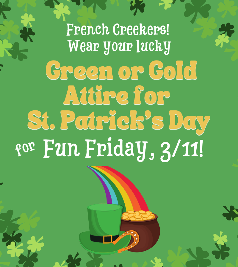 FCVPTA's tweet photo. French Creekers - Wear Green or Gold tomorrow for Fun Friday! https://t.co/fIkhG2HktW