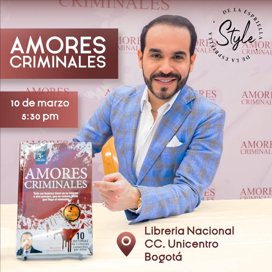 DELAESPRIELLAE's tweet photo. Abelardo De La Espriella los estará esperando hoy, a partir de las 5:30 p.m. en el Centro Comercial Unicentro de Bogotá, para la firma de libros de su Best Seller #AmoresCriminales.
Lugar: @Lib_Nacional https://t.co/nXUm5MMfWu