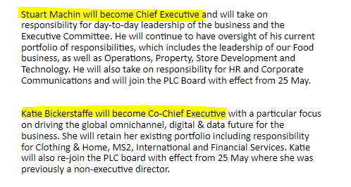 Re the M&amp;S announcements, why is Stuart Machin called Chief Executive rather than Co-Chief Executive the way Katie Bickerstaffe is?