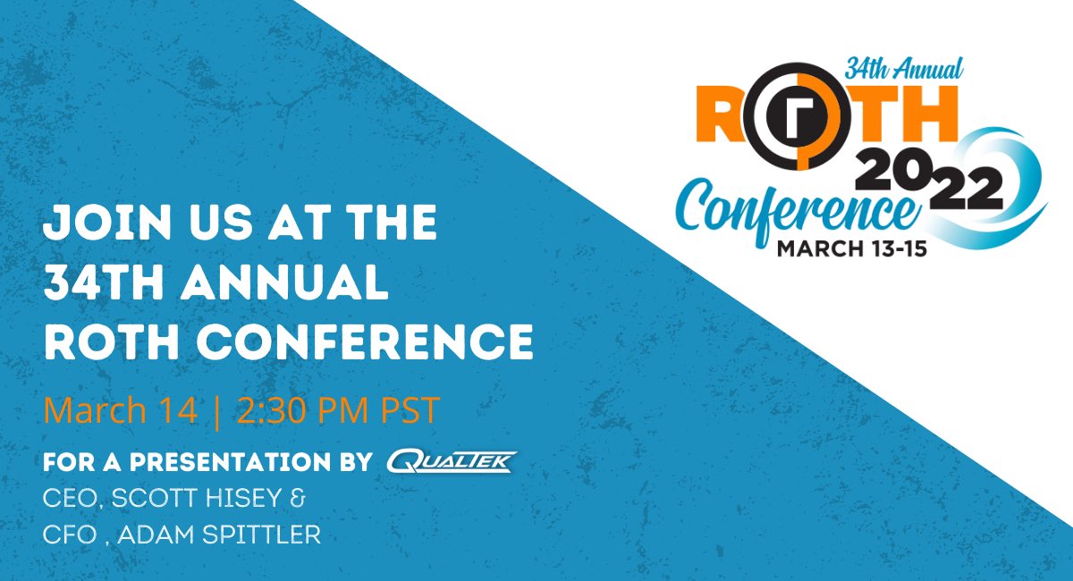 qualtekservices's tweet image. We are excited to present at the 34th Annual Roth Conference on 3/14 in Orange County, CA at 5:30 ET / 2:30 PT! Learn more about this event here:
qualtekservices.com/News/1370/qual…