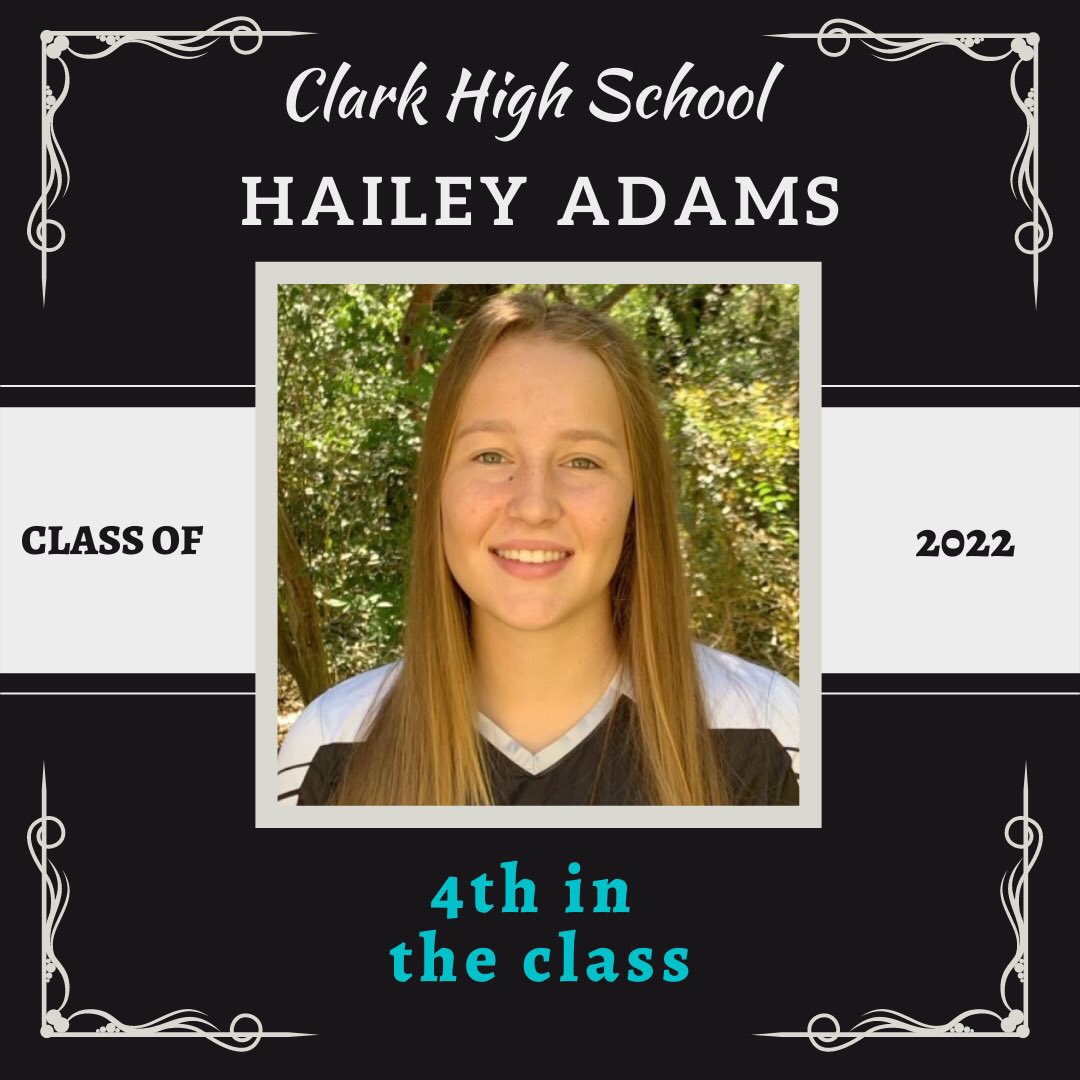 NISDClark's tweet photo. Big #ClarkTexas congratulations to Hailey Adams who earned a Top Ten spot in our Senior class! In addition to her hard work in class, she is a member of our state ranked ladies basketball team, @soccer_clark &amp; @clark_nhs! So #ClarkProud of all your hard work, Hailey! 🙌🏼🥳🐾🎓 https://t.co/5vTLBv1NFz