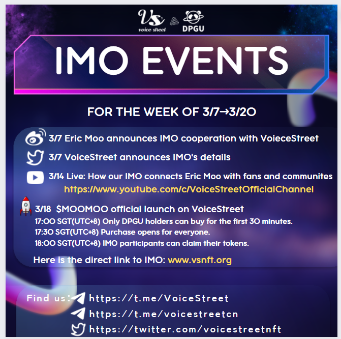 voicestreetnft's tweet photo. #VoiceStreet #IMO Weekly Recap🎶

🔔We will have #EricMoo to talk about all the details of his $MooMoo next Monday, don’t miss out: https://t.co/1S8r0p4WWP
📋We will have a really busy week, set your calendars now!

#DPGU #NFT #musicNFT #token #metaverse #music https://t.co/apDuyggVky
