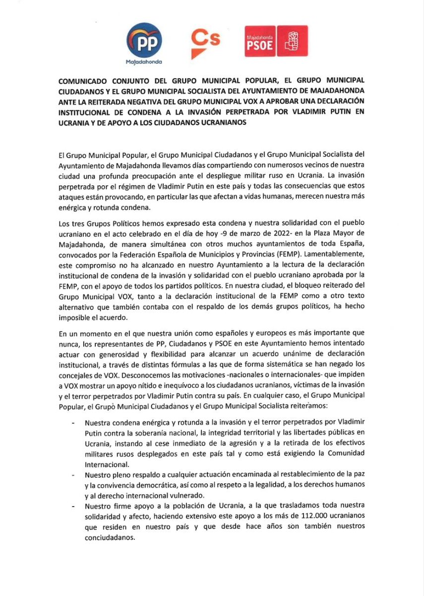 CsMajadahonda's tweet photo. Ante la reiterada negativa del Grupo Municipal VOX a una Declaración Institucional de condena a la invasión de #Ucrania, los Grupos Municipales PP, CS y PSOE #Majadahonda hemos firmado un comunicado reafirmando nuestro compromiso con Ucrania🇺🇦 y recriminando la actitud de VOX https://t.co/xboW5Y7Pfy