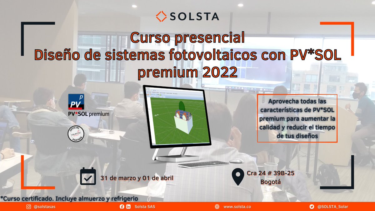 SOLSTA_Solar's tweet photo. 📢 ¡No te quedes por fuera! 🌞💻
Inscríbete ya al curso presencial Diseño de sistemas FV con PV*SOL 

🗓️ 31 de marzo y 1 de abril
📍 Cra 24 # 39B-25 - Bogotá
ℹ️ https://t.co/EuAU7GjNLU

#energíasolar #energíasolarfotovoltaica #SOLSTA #ValentinSoftware #PVSOLpremium #PVSOL https://t.co/5f8d3oglZO