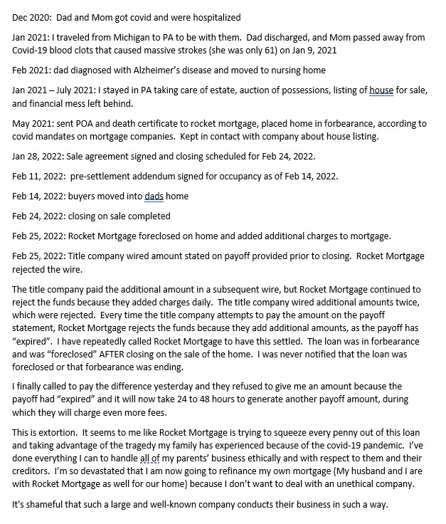 Bridget45671503's tweet photo. @RocketMortgage @PGATOUR Beware of Rocket Mortgage extorting people who suffered death of family during Covid-19. They foreclosed on my Dad's home AFTER closing of the sale. How can Pro Golf associate with such a company??? #Devstated https://t.co/o086kzVyXD