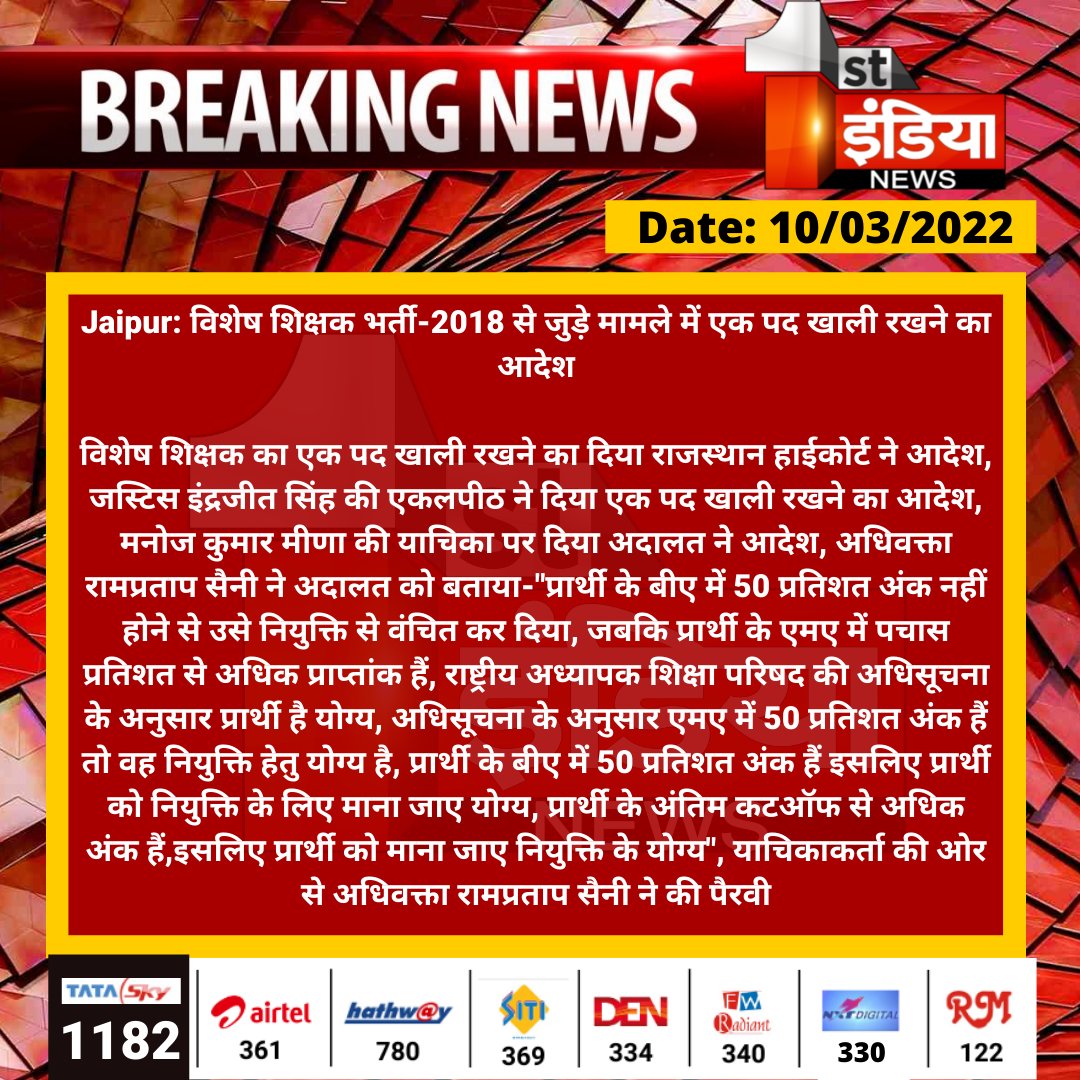 #Jaipur: विशेष शिक्षक भर्ती-2018 से जुड़े मामले में एक पद खाली रखने का आदेश

विशेष शिक्षक का एक पद खाली रखने का दिया राजस्थान हाईकोर्ट ने आदेश, जस्टिस इंद्रजीत सिंह की एकलपीठ ने दिया एक पद खाली रखने का आदेश...
<a href="/vyaskamalkant/">vyaskamal kant</a>