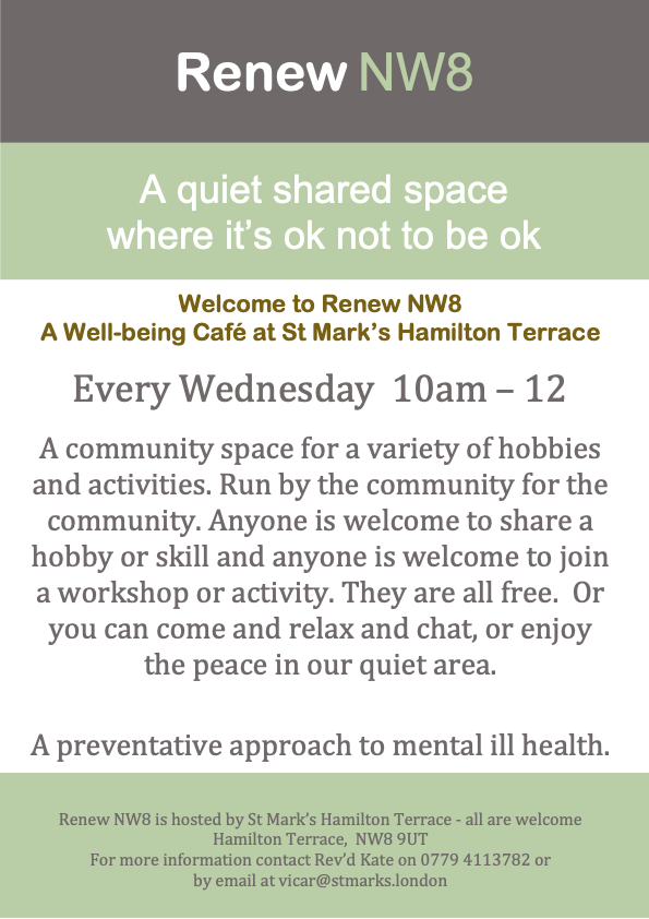 @MPSAbbeyRoad This is our mental health and wellbeing initiative #RenewWellbeing -  a safe quiet space where it's ok not to be ok.  Everyone is welcome.  Every Wednesday 10am till noon.