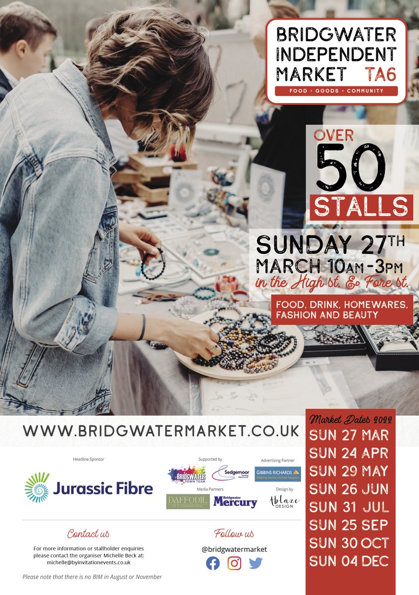 🎉JUST OVER 2 WEEKS TO GO! 🎉

The Bridgwater Independent Market launches on Sunday 27th March 2022. 

This brand new monthly destination market will take place on Fore Street &amp; the High Street from 10 - 3pm. 

There will be over 50 stalls, music, &amp; entertainment during the day