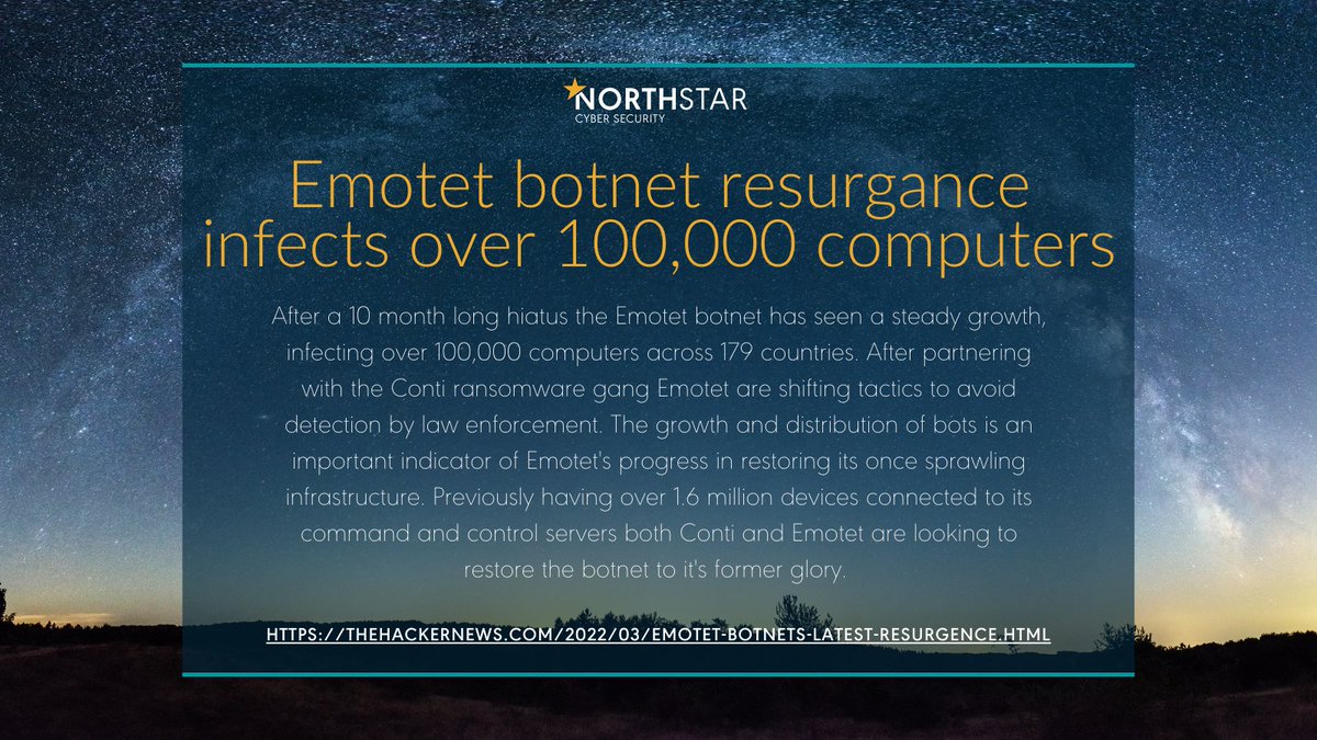 CybaVerse's tweet photo. Emotet botnet back with over 100,000 computers infected!

After a 10 month hiatus Emotet and partners Conti gang are back and steadily growing their botnet. 

#Ransomware #Emotet #Botnet #cybersecurity https://t.co/HWGgkeYuoz
