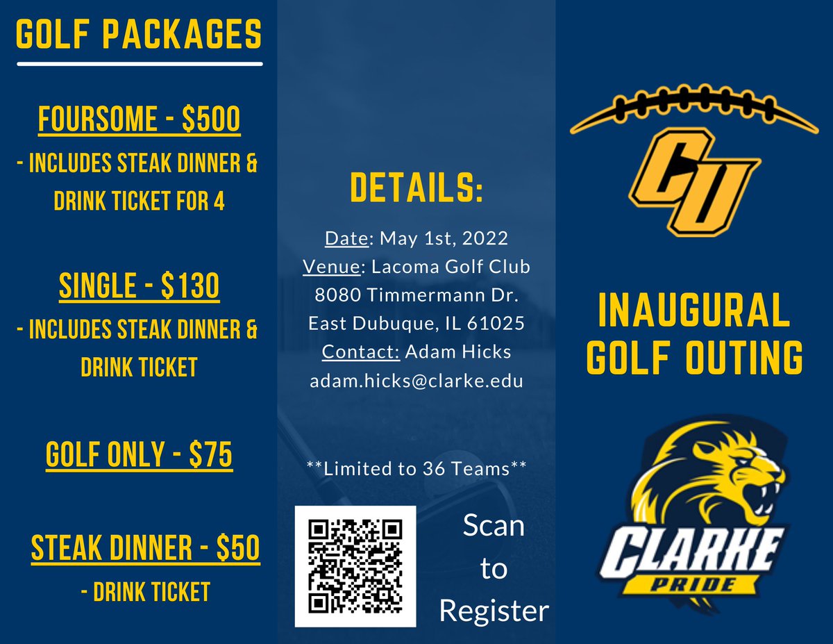 Register your Team now.
May 1st, 2020 - Inaugural Golf Outing
clarkepride.com/sports/fball/2…