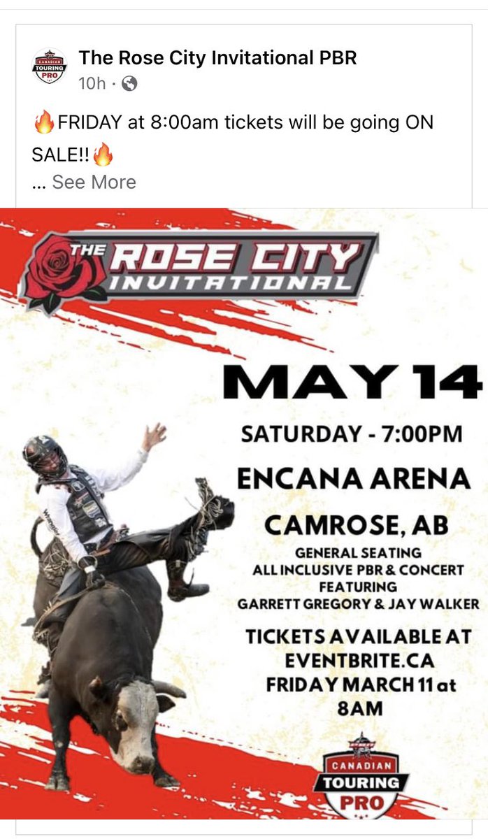 🔥FRIDAY at 8:00am tickets will be going ON SALE!!🔥 

With the traction this event has drawn, tickets won’t last long! So get them while you can!! 

PBR Canada 🇨🇦 

#ticketsales #pbrcanada #platinumsponsor #countrymusic #rockandroll #bullriding
