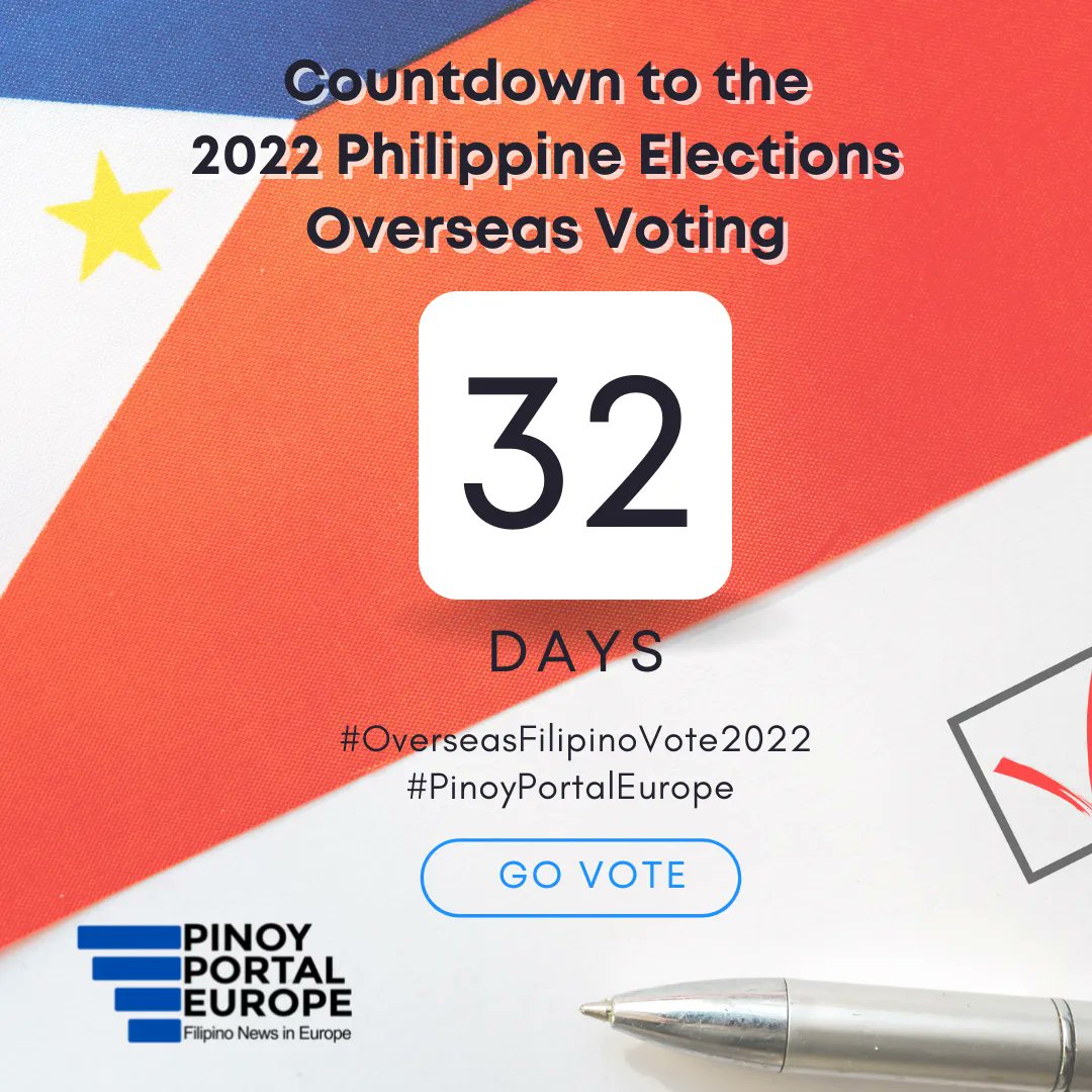 PinoyPortalEU's tweet photo. It's 32 days to go before you can vote in the 2022 Philippine elections.
Vote wisely!
#MigrantVoteMatters
#OverseasFilipinoVote2022
#PinoyPortalEurope https://t.co/y7RhYIrGOq