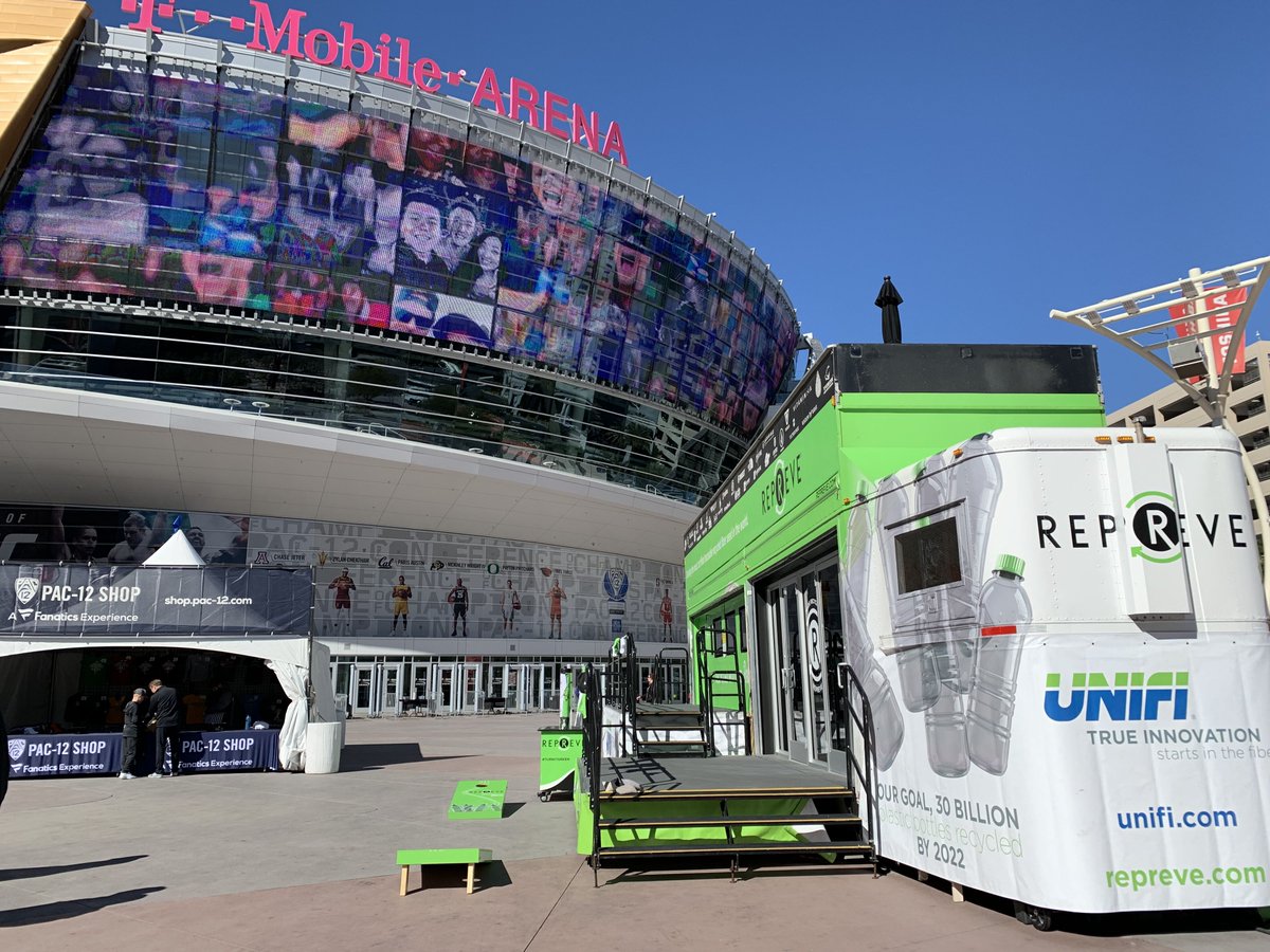 UnifiSolutions's tweet photo. The REPREVE Mobile Tour is making a stop at the PAC-12 Men’s Basketball Tournament outside of T-Mobile Stadium. 🏀 Stop by for product demos and fan gear featuring REPREVE! #PAC12 https://t.co/jNdS7cwQyB