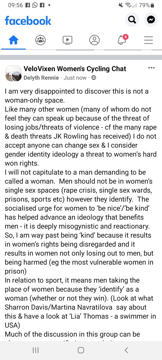 Lammysaurus's tweet photo. I have just been thrown out of a woman only cycling forum for objecting to them admitting men. Apparently they then went on about 'be kind' (which means "shut up or we'll shut you up)

Shame on you Velovixen.

#SexNotGender
#WomensRightsAreHumanRights 
#WomensRightsNetwork https://t.co/zuWLxKrPAC