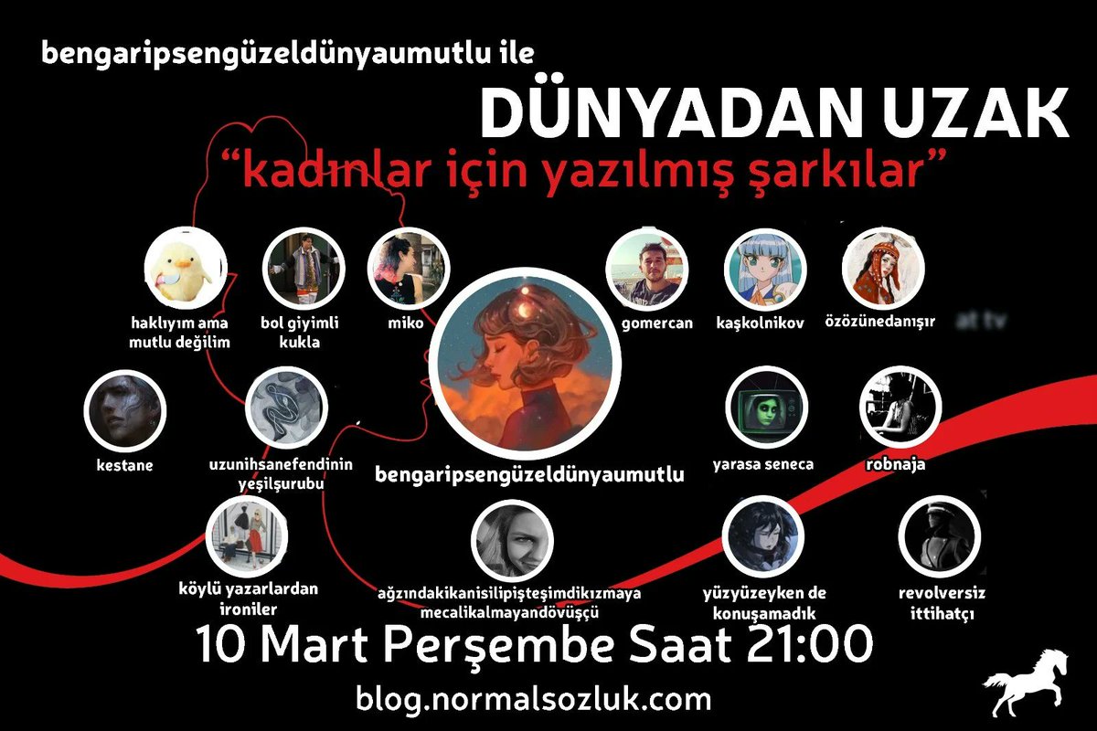 Sadece bir gün değil her gün kadınların günü!
bengaripsengüzeldünyaumutlu'nun sunumuyla yazarlarımızın "kadınlar için yazılmış şarkılar" seçimlerini dinlemek için 21:00'de hep beraber Sözlük Radyosu’ndayız!

<a href="/normalsozluk/">normal sözlük</a>  #sözlükradyosu #dünyadanuzak #8martdünyakadınlargünü