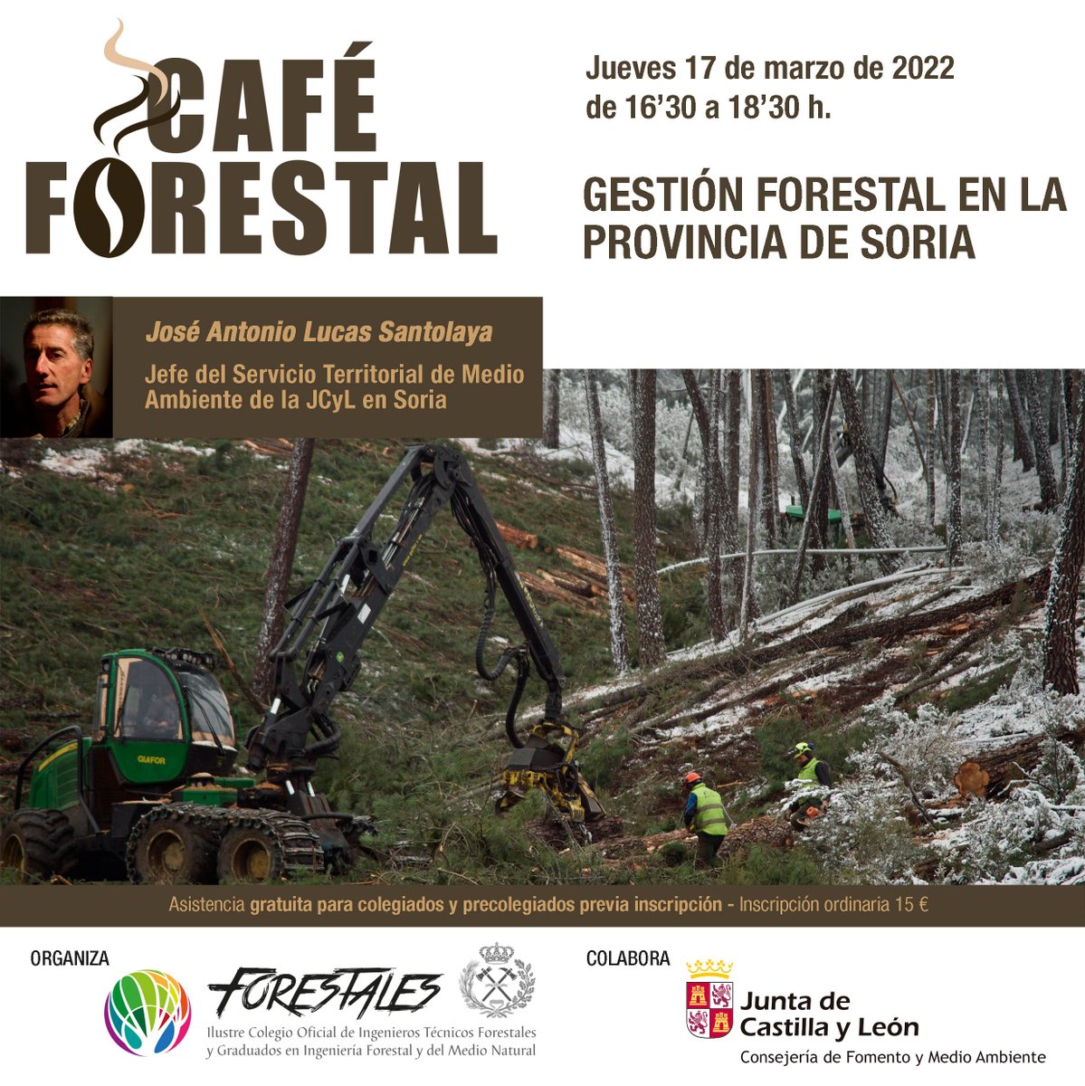 IngForestal50's tweet photo. 📽️ Próximo #CaféForestal: "Gestión Forestal en la provincia de #Soria" con José Antonio Lucas Santolaya. Jefe del Servicio Territorial de Medio Ambiente de la @naturalezacyl en Soria.
Jueves, 17 de marzo de 16.30 a 18.30 horas.
https://t.co/HlAi7RaNoR #BosqueModelo https://t.co/kaM4lcwUkI
