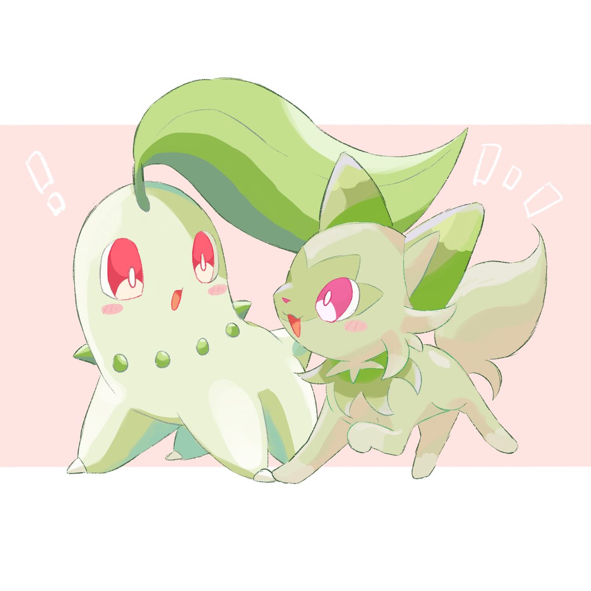 ニャオハ「チコ先輩と新人ニャオハ🍃🌱
#チコリータの日 #Pokemon 」|なぎさ🫧のイラスト