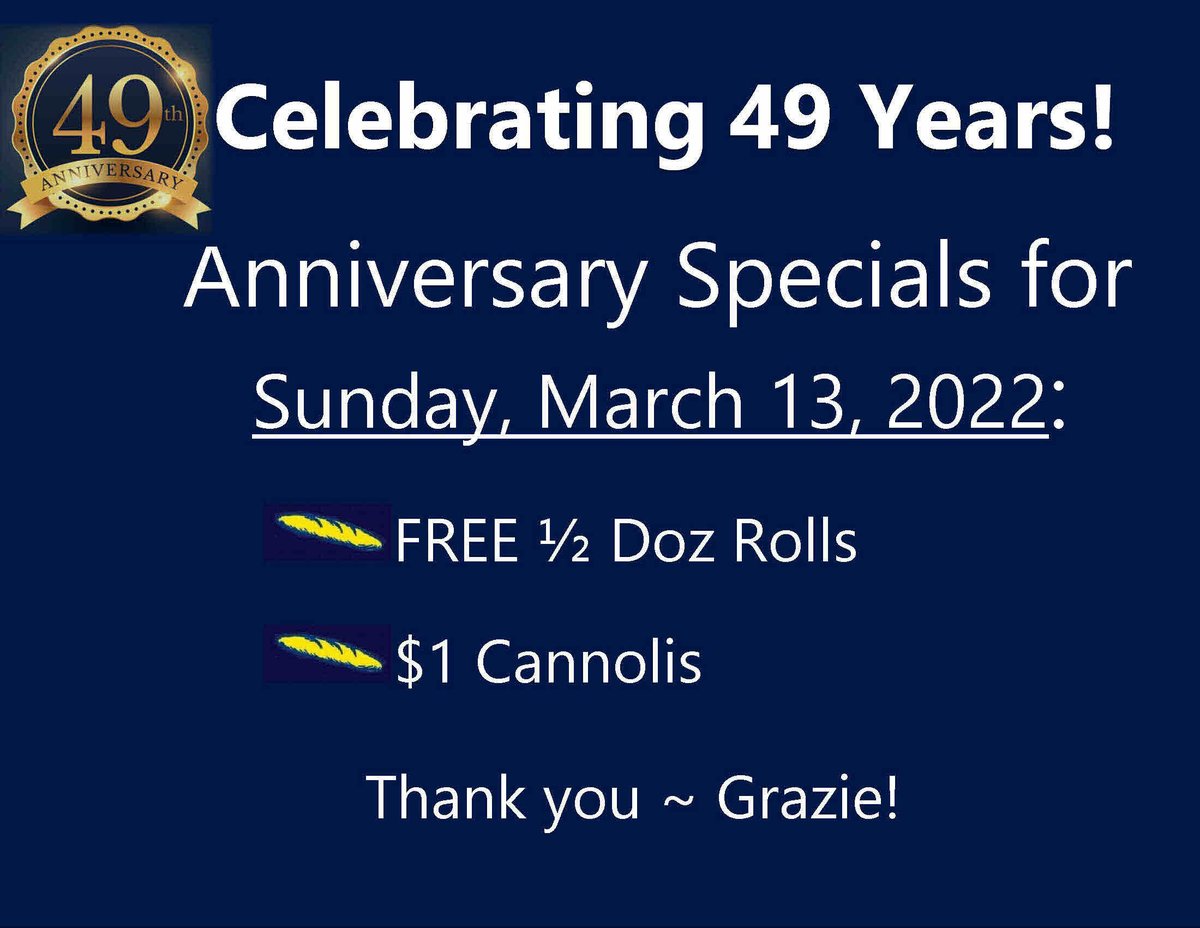 ConshyBakery's tweet photo. Join us this Sunday, March 13, 2022, as we celebrate our 49th Anniversary! #49Years #comerollwithus #FreeRolls #DollarCannolis #AnniversaryCelebration #Conshy #Conshohocken #LoveConshy #Montcopa #MakeitMainStreet https://t.co/49hbGUQUUl