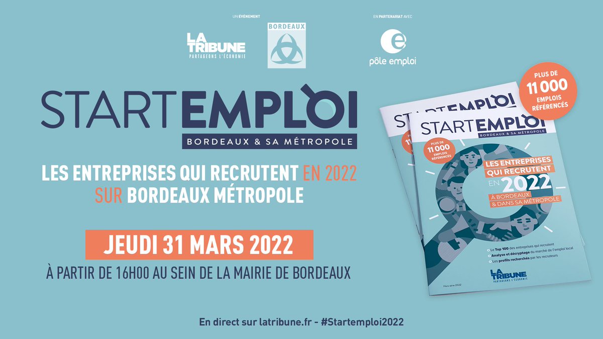 latribuneevents's tweet photo. 🟠Plus que quelques semaines pour la 2e édition du #StartEmploi, le 31/03 dès 16h au Salons de la Mairie de @Bordeaux
Inscrivez-vous ici 👇
https://t.co/PgYGxCYAIq https://t.co/vOiDMr4q1E