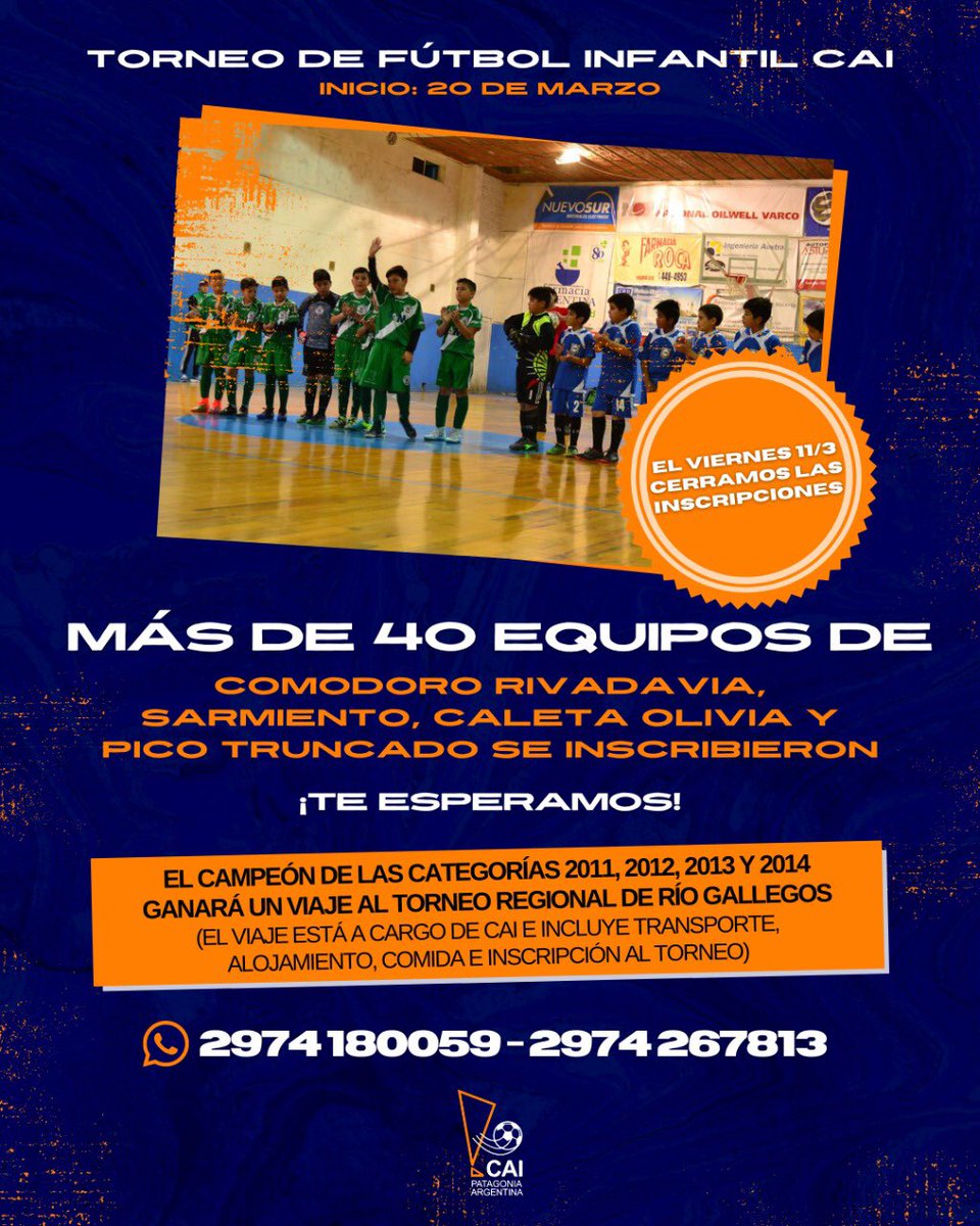 ⚽ ¡Mañana cerramos las inscripciones!

Más de 40 equipos de Comodoro Rivadavia, Sarmiento, Caleta Olivia y Pico Truncado ya confirmaron su participación. ¡Ahora le toca a tu equipo a sumarse!

📱Inscripciones y consultas al 2974 180059 o 2974 267813

#VamosCAI 🔶🔷