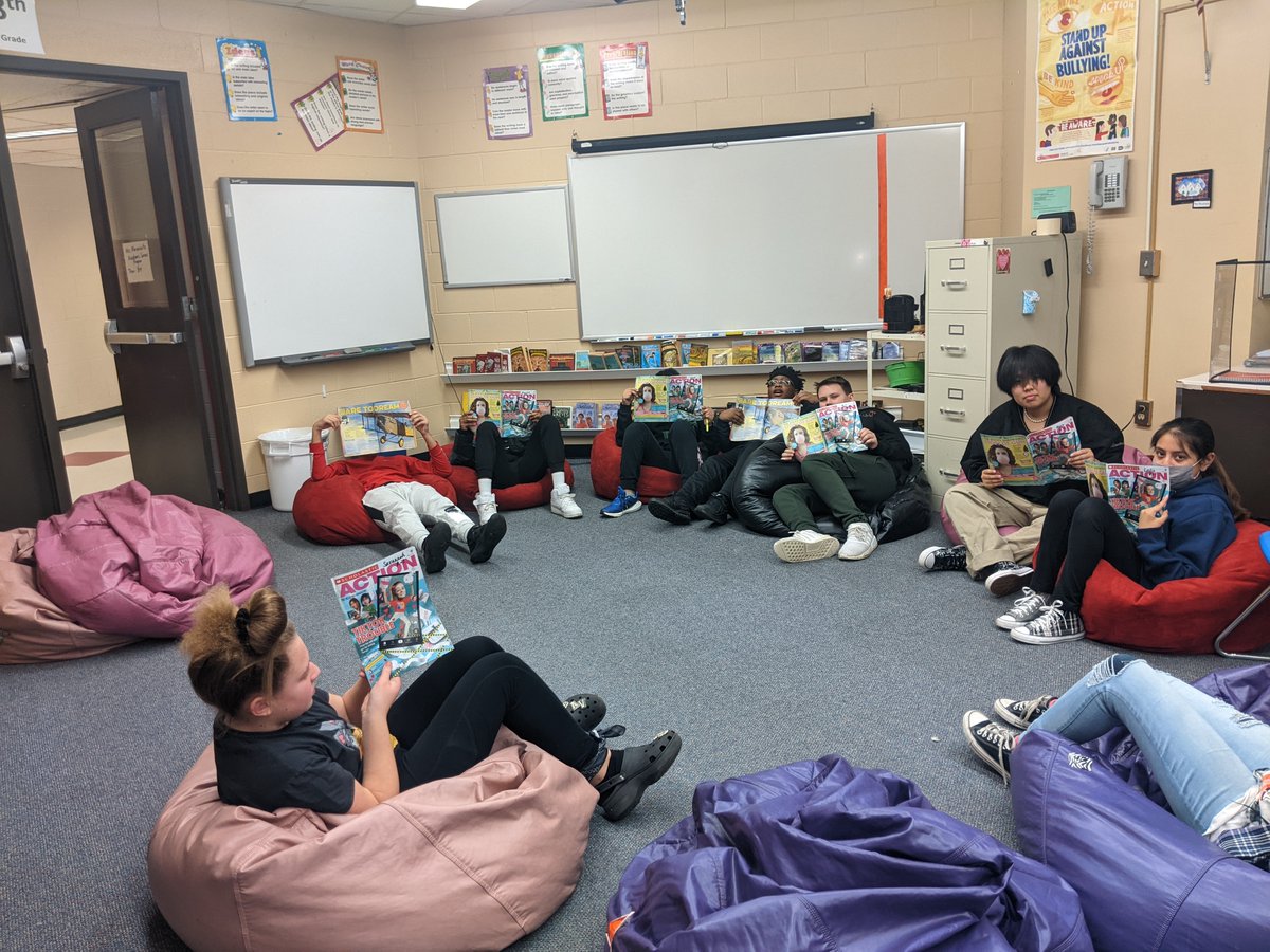 MarciAbramowitz's tweet photo. Bean Bags are back in room 859. Perfect with @Scholastic Action. So many articles are tied into Women's History Month, Black History Month,  the refugee crisis, SEL, and equity. @Connolly_OTHS @Mr_S_Tweets @camatotois, @sel_spartan https://t.co/J1sAv5BBnH