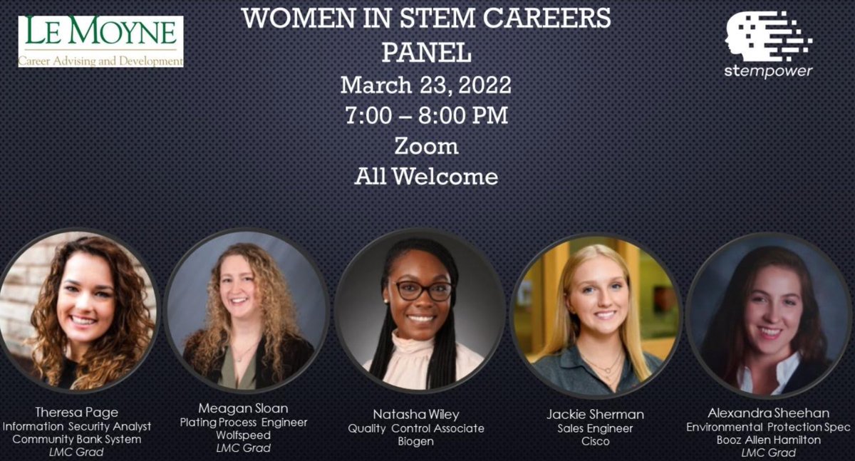 Thinking about a career in STEM? Come hear from Le Moyne alums and others who have recently joined the field. The panelists' college majors cover Biology, Chemistry, Computer Science, Cybersecurity, Environmental Science, and Physics. Details on Handshake.