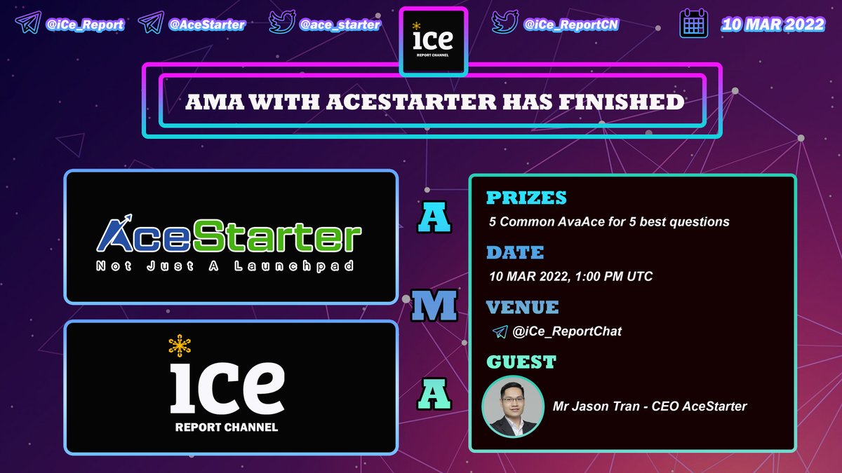 iCe_ReportCN's tweet photo. 🛎AMA With AceStarter Has Finished💥
⚡️Hope that AceStarter will be successfull in the future.
⚡️Once again, AceStarter give a thank for all the members of ICE Report.
⚡️Read the AMA Recap in here if you missed:
https://t.co/rRE7RlnrMS
#AceStarter #AMA #ICEReport https://t.co/C41X4QjeW4