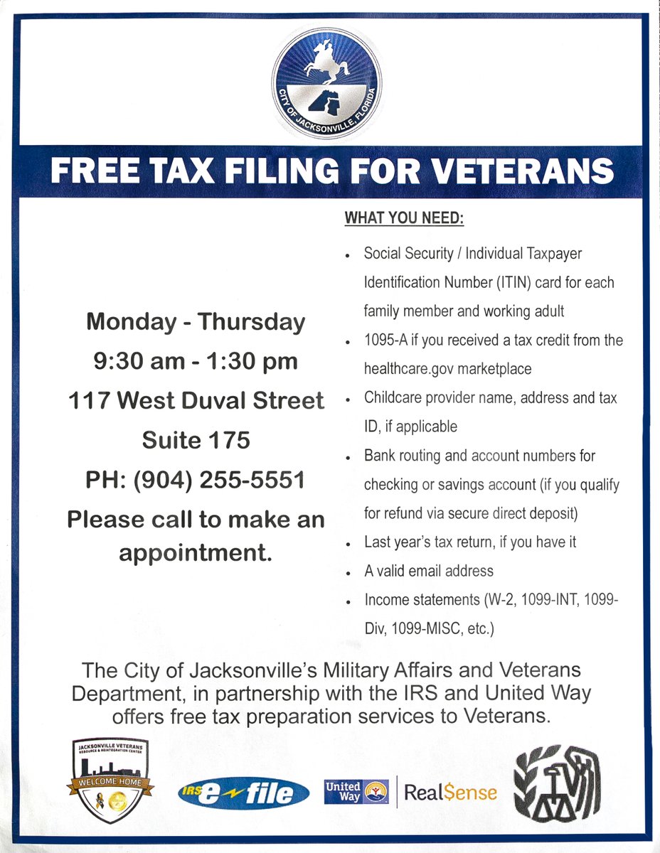 CityofJax's tweet photo. Attention Vets 🇺🇸 Tax Day is just over a month away and our team at the Military Affairs &amp; Veterans Department and the @unitedwaynefl are here to help.  Call 255-5551 to make an appointment for FREE tax assistance.  Check out the graphic below for more information: https://t.co/DHsjghDu1o
