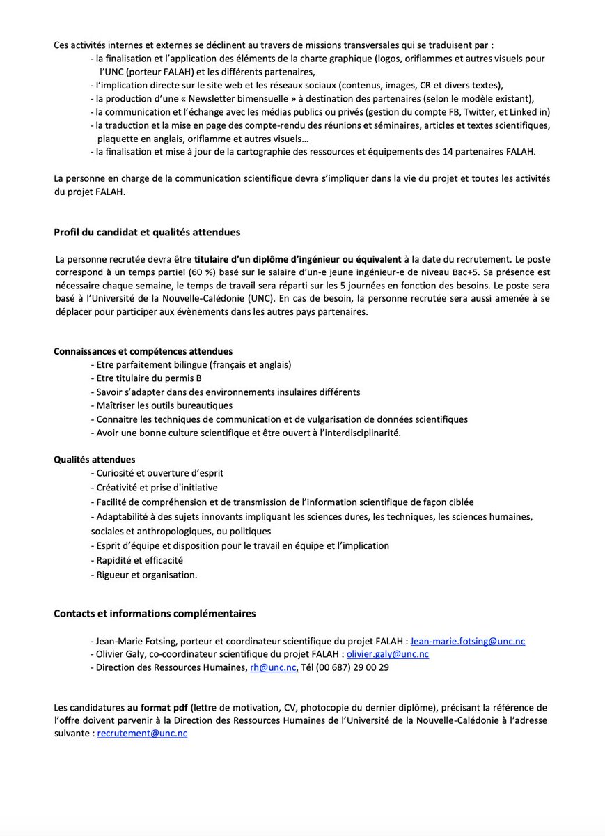 Poste à pourvoir @unc_nc Contact : @OGalyNC 
dans le cadre du projet Falah falah.unc.nc 
unc.nc/wp-content/upl…·e-de-communication-scientifique.pdf