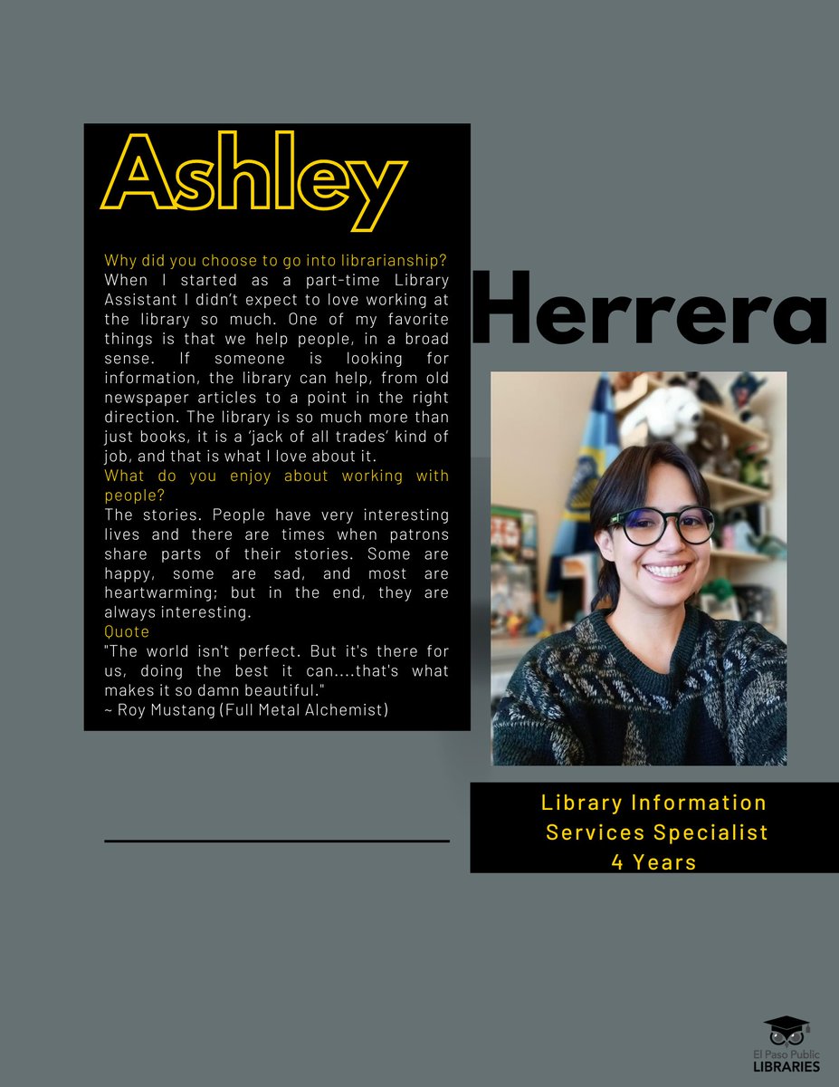 elpasolibrary's tweet photo. Meet Ashley! She is enthusiastic, creative and highly energetic team member at the Esperanza Moreno Library. Thank you for all you do! https://t.co/ZfiURsdBDV