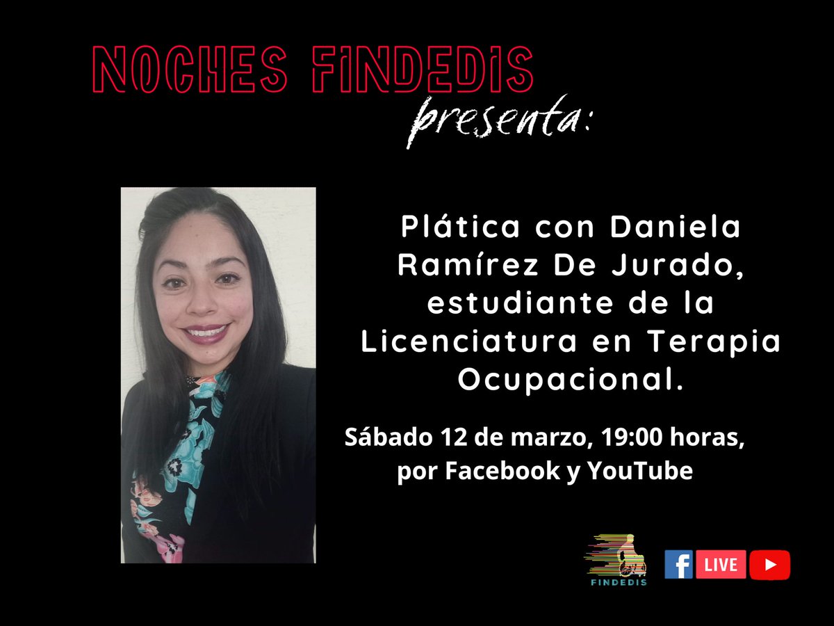findedis's tweet image. Noches FINDEDIS presenta: 

Plática con Daniela Ramírez, estudiante de la Licenciatura en Terapia Ocupacional.

Sábado 19 de febrero, 19:00 horas, por Facebook y YouTube:
youtube.com/channel/UC4lYn…
facebook.com/FINDEDIS.AC

#FINDEDIS #streaming #NochesFINDEDIS