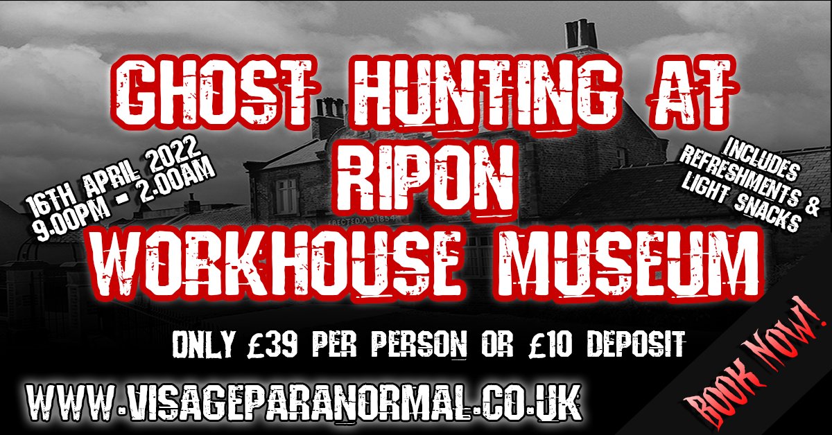 VisagePara's tweet photo. Have you anything planned for 16th April 2022? If the answer is NO then come along and join Visage Paranormal for a night of ghost hunting at Ripon Workhouse and Orphanage Museum 9pm until 2am. £39 per person. FREE Easter Egg for Everyone!

BOOK NOW!:
https://t.co/RIgAHKpyyI https://t.co/knF6e5xUyu