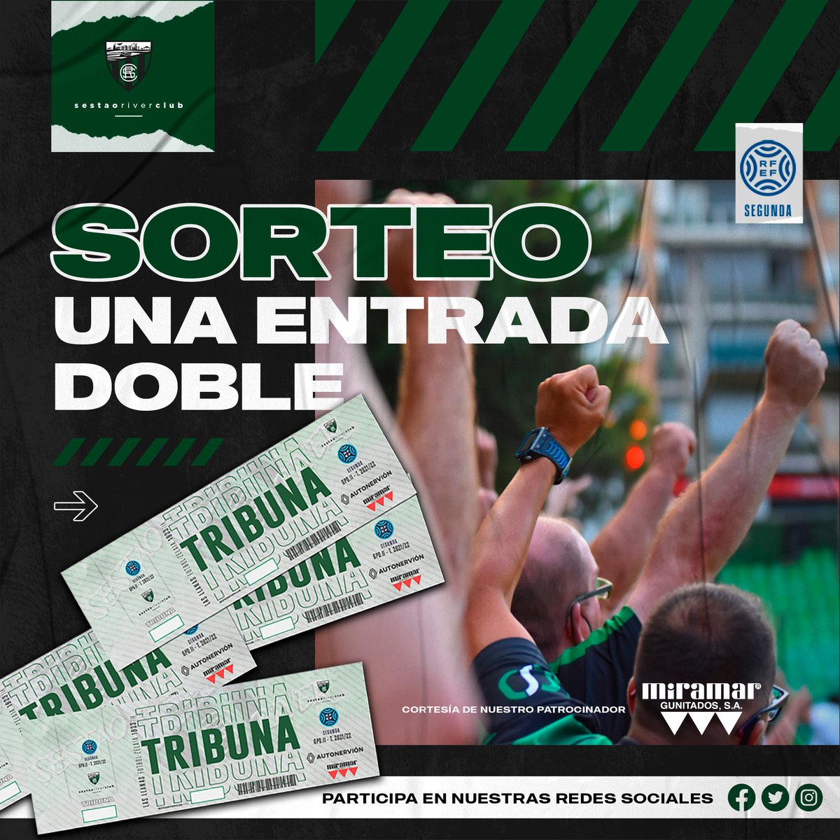 Sestao River Club (@sestaorc) on Twitter photo 📌 𝗦𝗢𝗥𝗧𝗘𝗢. ¿Quieres acompañarnos este domingo en Las Llanas? 
👉 ¡Sorteamos una invitación doble para el SRC 🆚 <a href="/PenaSportFC/">PEÑA SPORT FC</a>, cortesía de nuestro patrocinador Miramar Gunitados!
Cómo participar❓
🔁 Da RT a este Tweet
➕ Síguenos 📌 𝗦𝗢𝗥𝗧𝗘𝗢. ¿Quieres acompañarnos este domingo en Las Llanas? 
👉 ¡Sorteamos una invitación doble para el SRC 🆚 <a href="/PenaSportFC/">PEÑA SPORT FC</a>, cortesía de nuestro patrocinador Miramar Gunitados!
Cómo participar❓
🔁 Da RT a este Tweet
➕ Síguenos