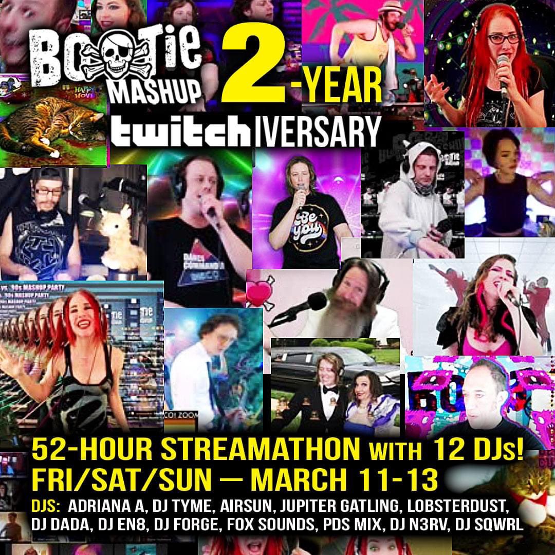 djdadasf's tweet photo. Get ready to party with @bootiemashup on our 2 year Twitchiversary! It’s a 52 hour Mashup Marathon starting this Friday, March 11th and join the LIVE stream party that you won’t want to miss! @djdadasf live Sunday 6-9p PST 🖤🏴‍☠️☠️👨🏻‍🎤👩🏻‍🎤☠️🏴‍☠️🖤 https://t.co/sF2jRMs4Wc