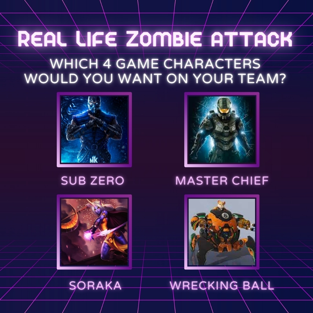 Who would you pick to help fight off a zombie attack on your base? Our picks: ✔️Sub Zero so he can freeze the zombies in waves. ✔️Master Chief so he can demolish the slow zombies. ✔️Soraka because every team needs a healer! ✔️Wrecking Ball to help with some good ol' damage.