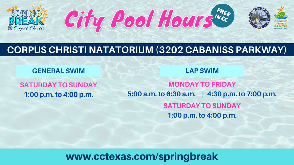 cityofcc's tweet photo. Looking to make a splash this Spring Break? Check out our two year-round pools, the Corpus Christi Natatorium and Collier Pool. Learn more at https://t.co/IE1JgguDG4. 
#SpringBreakCC #CCpools #CorpusChristi #GulfCoastCapital https://t.co/DlthRWPAKG
