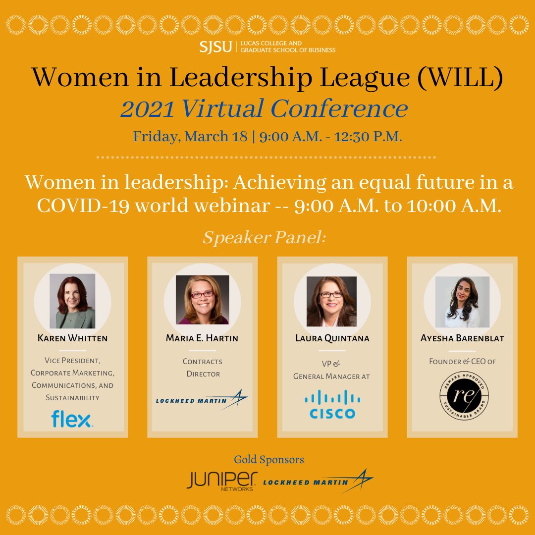 sjsubusiness's tweet photo. Join us Fri March 18th at 9am for our WILL Webinar! Hear from a diverse group of panelist moderated by Associate Dean, Undergraduate Programs, Meg Virick, Ph.D.

Special thanks to our sponsors Juniper Networks &amp; Lockhead Martin!

Register Here: https://t.co/71MxhAe2qP
#sjsuwill https://t.co/CdVndmw3JI