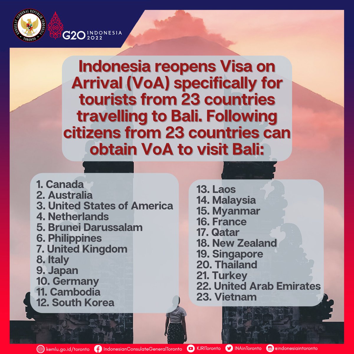 INAinToronto's tweet photo. Good news for #FriendsofIndonesia in Canada! Tourists from 23 countries including Canada can obtain Visa on Arrival for international travel to Bali starting from March 7th 2022 with no mandatory quarantine*. Take a look on some highlights from the Circular Letters below. https://t.co/enh3kRIIPT