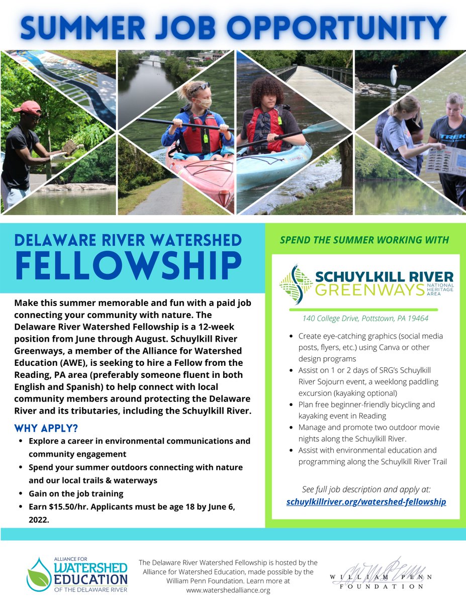☀️ KNOW SOMEONE LOOKING FOR A SUMMER JOB? Tell them about our Summer Watershed Fellowship! A 12-week paid summer job ($15.50/hr, 35 hrs per week).  Must be 18 by June 6th.  Learn More at schuylkillriver.org/programs-proje…