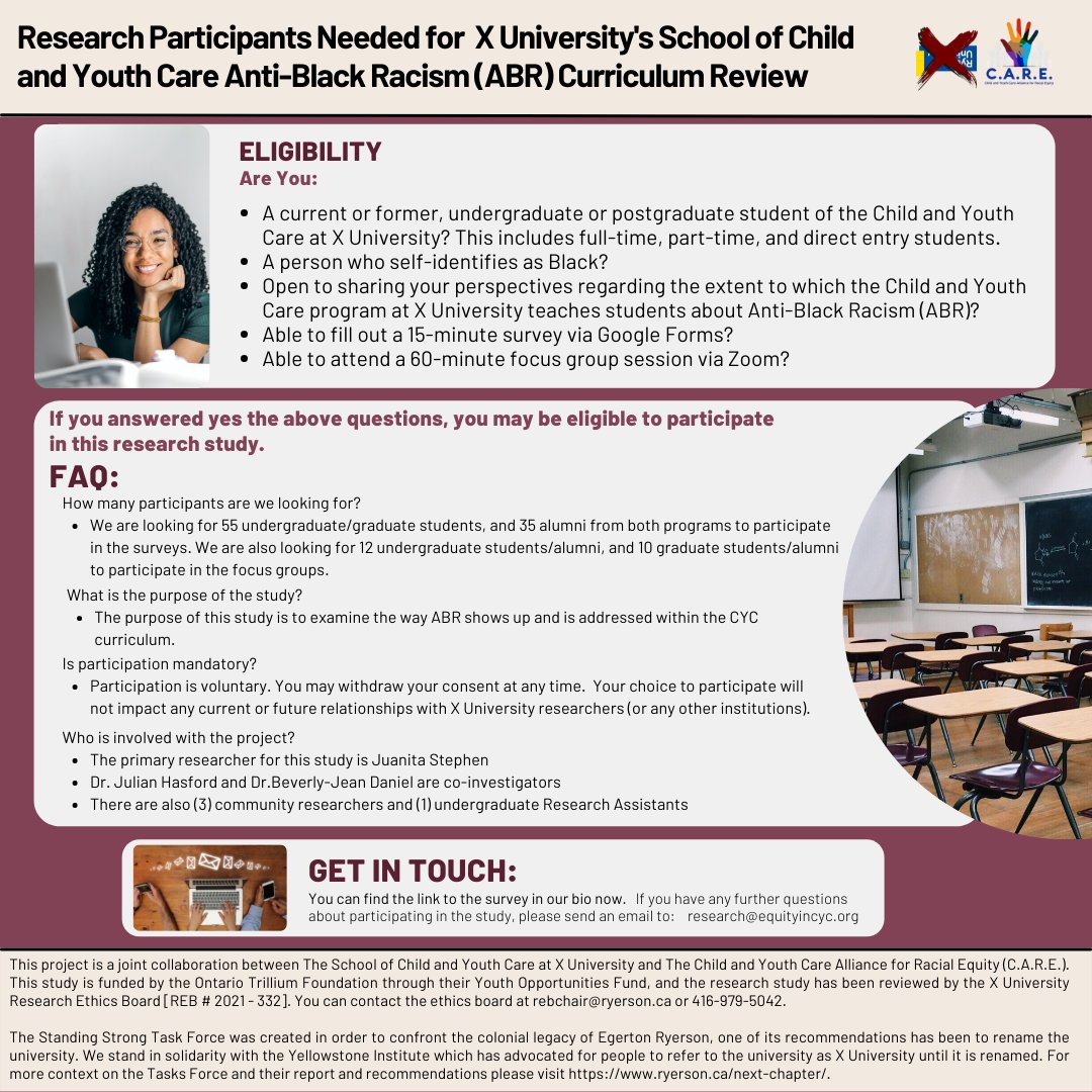 Research Participants Needed: We are recruiting Black @RyersonCYC undergrads, graduate students, and alumni for a research study exploring how #AntiBlackRacism shows up and is addressed within CYC curriculum at <a href="/RyersonU/">Ryerson University</a>.
#XUniversity