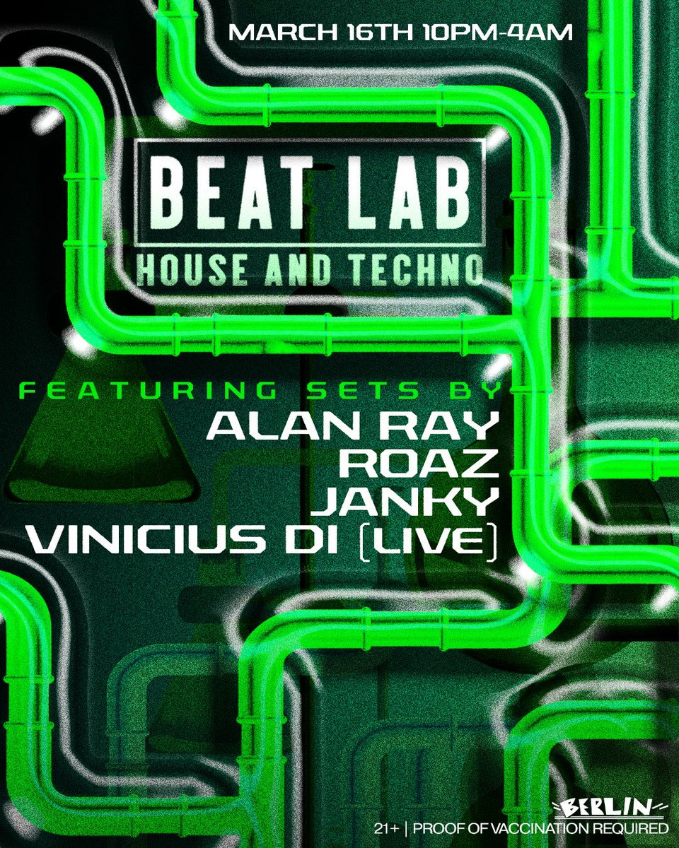 BEATLAB: A House and Techno night is here! Join us next Wednesday, March 16 from 10pm-4am for a night that’ll have you dancing all night long. 

Featuring sets by
🎵 <a href="/DJAlanRay/">DJ Alan Ray</a> 
🎵 <a href="/roazmusic/">roazmusic</a> 
🎵 Janky 
🎵 Vinicius DI

21+, masks and vax required