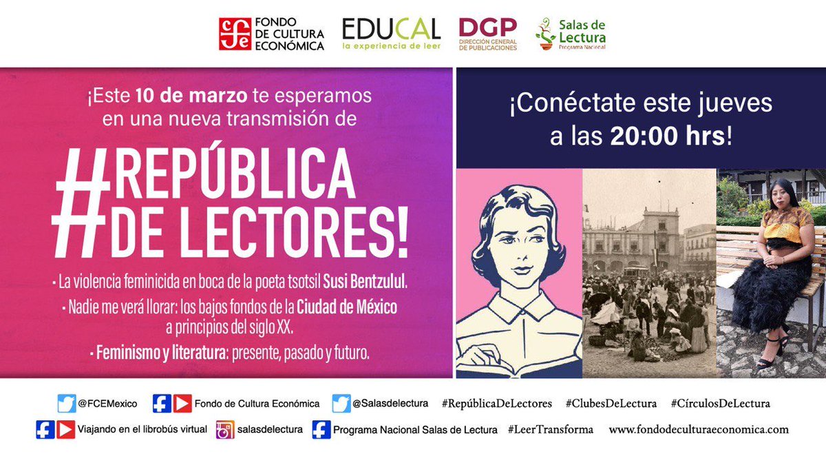 ¡Esta noche te esperamos en una nueva transmisión de #RepúblicaDeLectores! #Literatura #Feminismo ⁦@Salasdelectura⁩ #LeerTransforma ¡Conéctate a nuestras redes a las 20hrs!