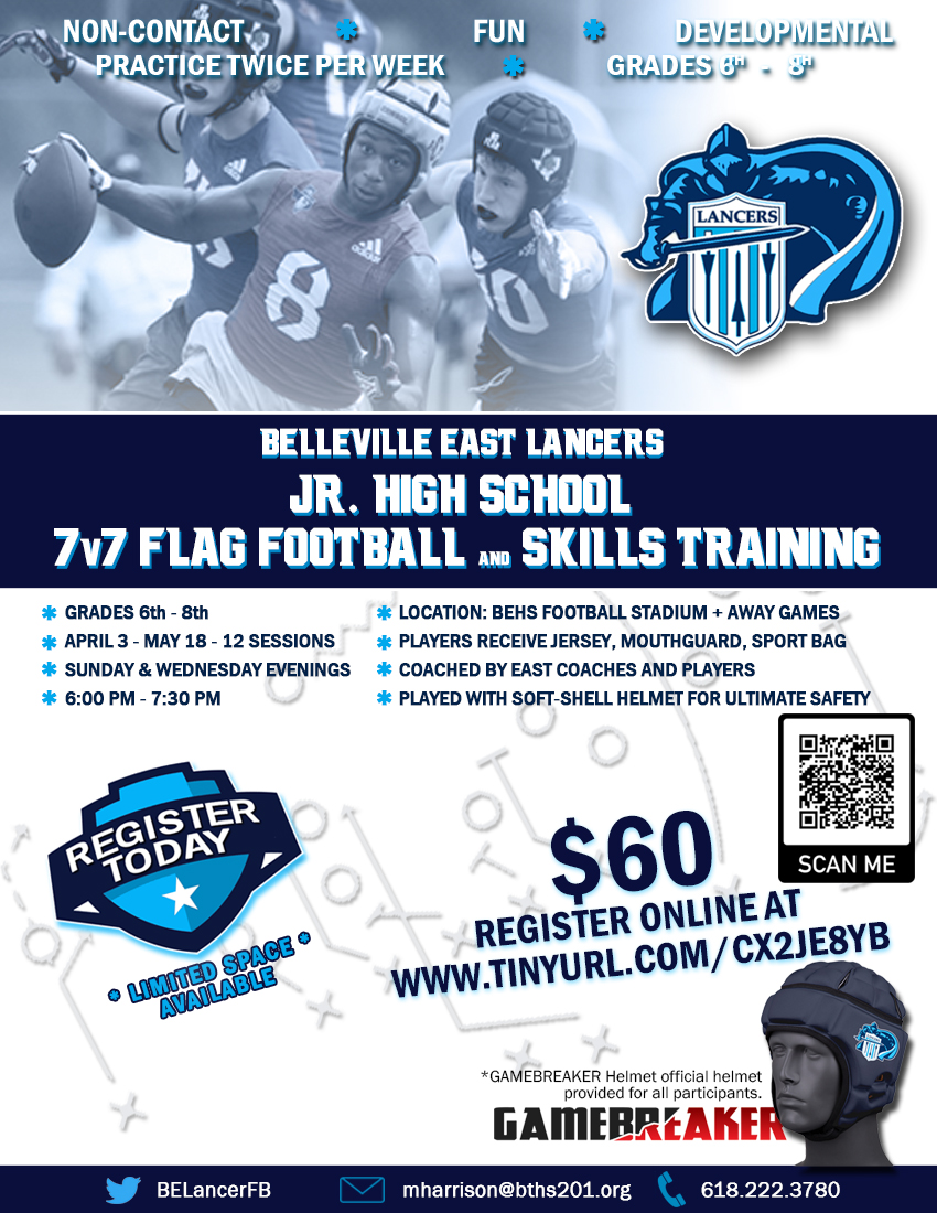 ATTENTION ALL JR HIGH/ MIDDLE SCHOOL ATHLETES

SIGN UP NOW!!! COME LEARN &amp; HAVE FUN!!!

SPRING JR HIGH 7-ON-7 FLAG FOOTBALL AND SKILL DEVELOPMENT TRAINING.  
Register here: tinyurl.com/CX2JE8YB

#DEFENDTHESHIELD #DayByDay