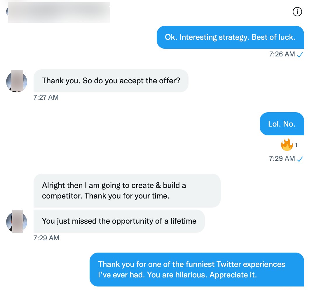 Earlier today, I declined a $100M offer to acquire @CBinsights 

1. See how it unfolded in these screenshots
2. A great reminder to never check or respond to Twitter DMs again

cc: CBI board, investors & team