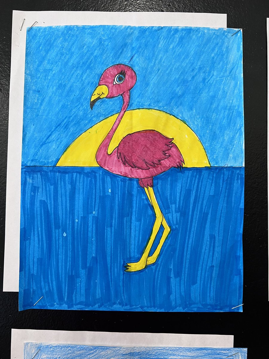 MrsMessen1's tweet photo. Nothing like Tropical Day at school to kick off Spring Break. A little Flamingo Art to brighten up our classroom for when we return. Have a happy and restful break students! @npsc_schools @olsnpsc https://t.co/qZ5qtjaZQz