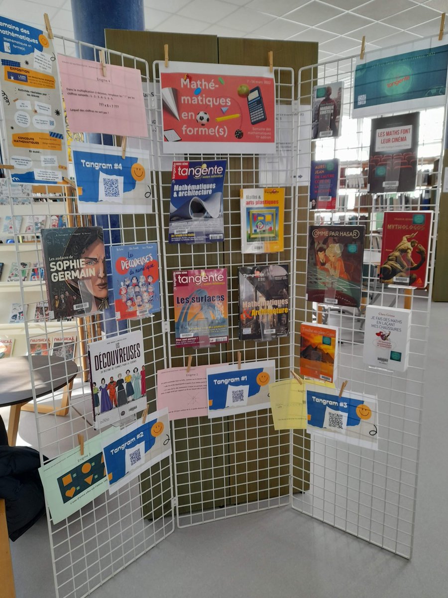 lef_officiel45's tweet photo. Semaine des maths sur le thÚme Mathématiques en forme(s). Au CDI : présentation de livres, énigmes, tangram, sélection du Prix @ClubTangente des lycéens. Exposition Les découvreuses anonymes par #animafac et #waxscience
#SDM2022 @maths_ot https://t.co/cMvh2BkjRs