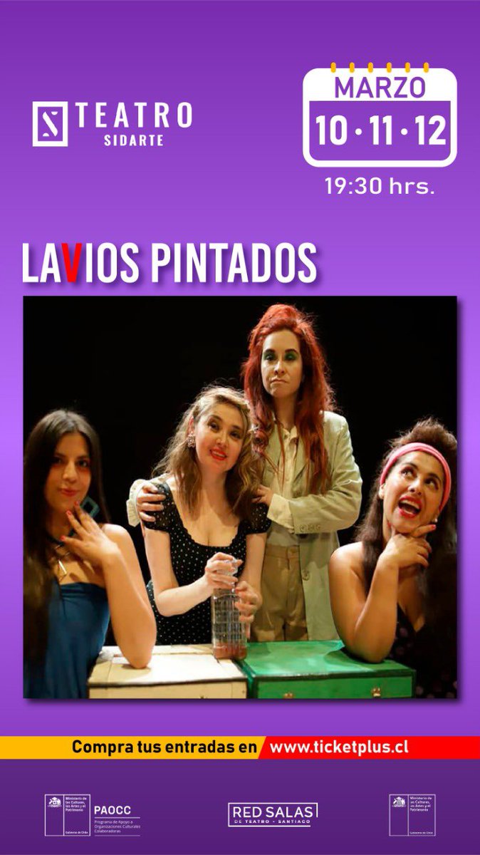En el #MesDeLaMujer la compañía teatral <a href="/lasandantes/">Las Andantes</a>  presentará HOY en @teatrosidarte la obra “laVios pintados”.
📌 ticketplus.cl 🔗 sistema paga lo que puedas a $3000, $5000 y $7000
Nos vemos en el teatro 🎭✨

#sidarte2022 #teatrochileno #8m