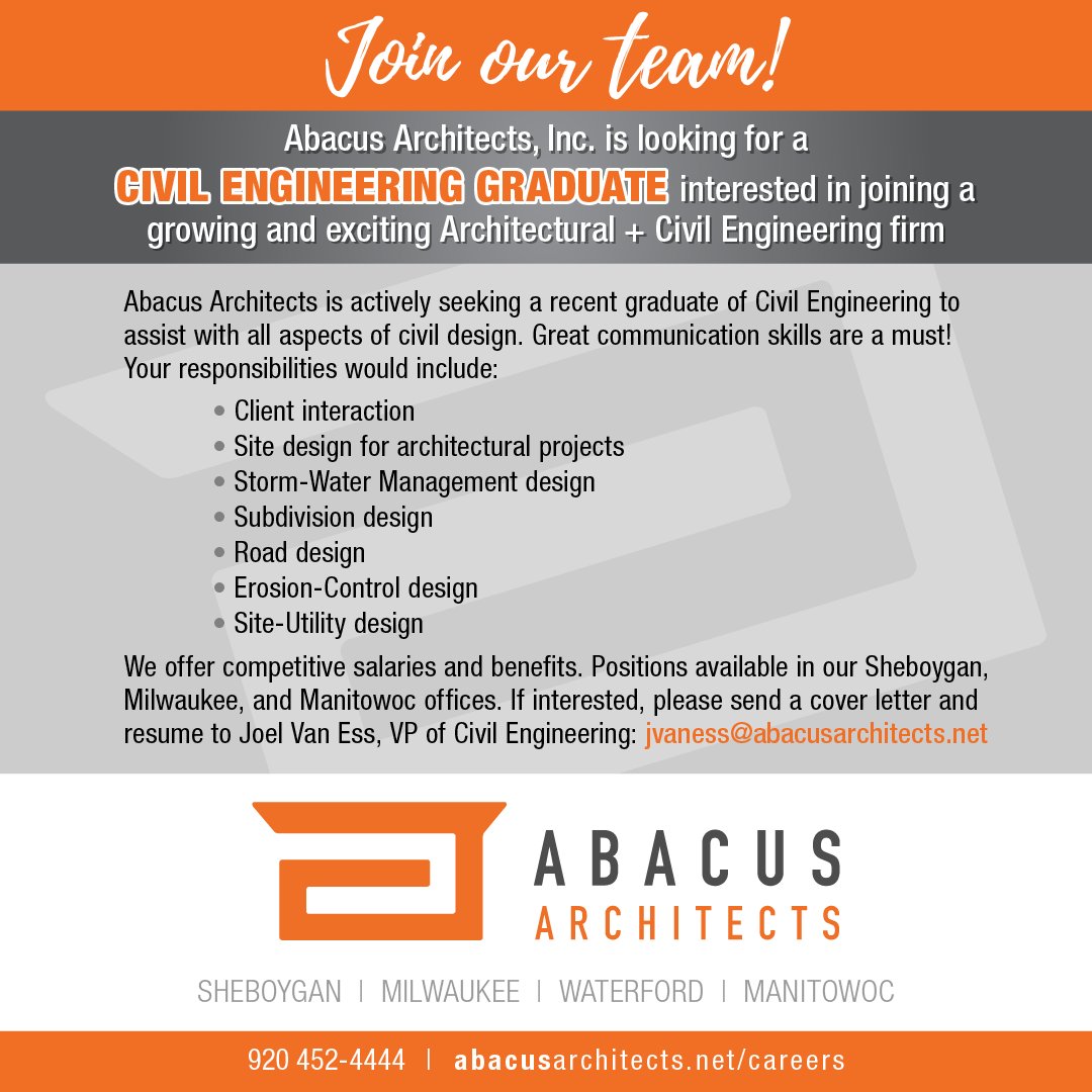 AbacusMke's tweet photo. We're #hiring! @AbacusMke has open positions in our Sheboygan, Milwaukee + Manitowoc offices. Head to our site to read more: https://t.co/DXNx9Mnprs
#relationalarchitecture #wisconsinarchitect #wisconsincivilengineer https://t.co/EPC9RtY4k3