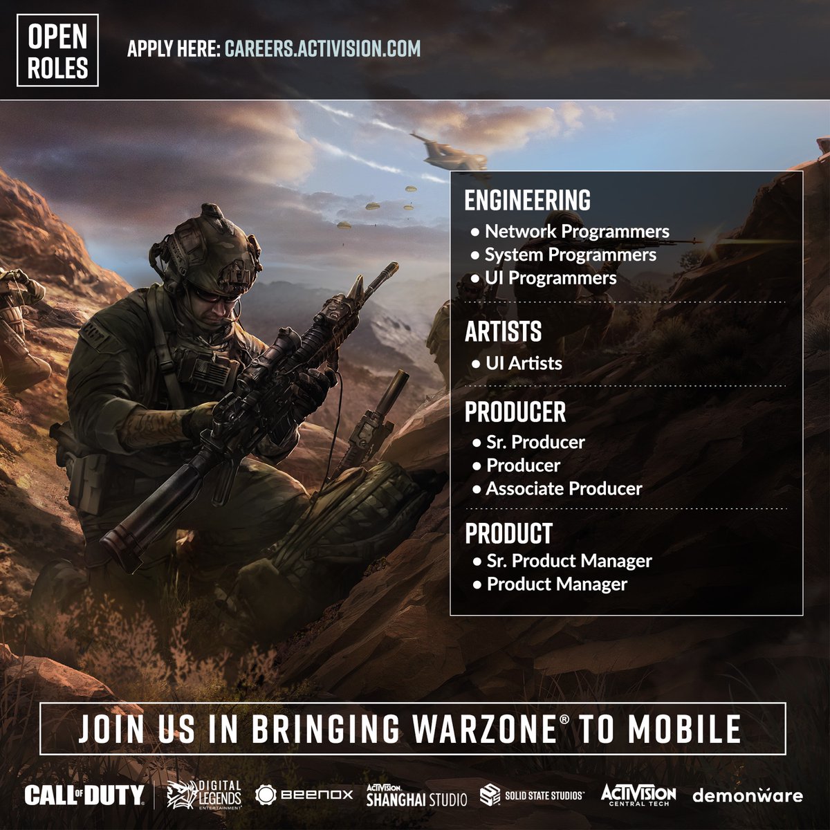 charlieINTEL's tweet image. Activision confirms Solid State Studios (their new internal mobile team), Digital Legends, Beenox, Activision Shanghai and demonware are working on Call of Duty: Warzone for Mobile.